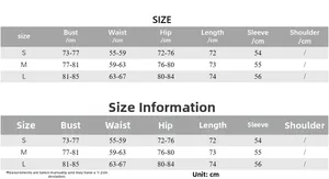 Detailed size guide table for long sleeve bodycon dress showing S, M, L measurements