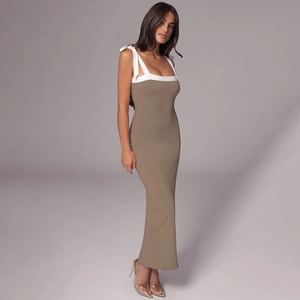 Elegant sleeveless bodycon maxi dress in khaki with white ribbon shoulder straps