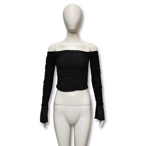 Schwarzes schulterfreies Mesh-Oberteil für Damen mit Raffungen und Trompetenärmeln