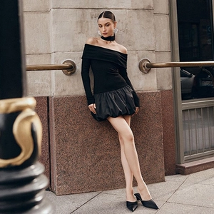 Elegant black off-shoulder long sleeve bubble hem mini dress for chic autumn fashion style