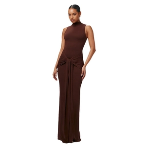 Deep brown sleeveless bodycon dress with elegant waist twist knot and draped detail