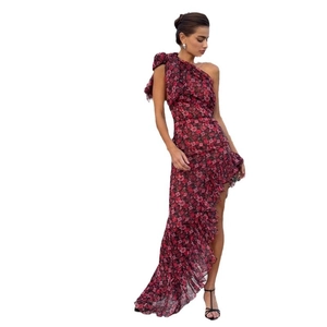 Deep red floral one-shoulder dress with asymmetrical ruffle hem and bow detail