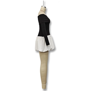 Side view of off-shoulder long sleeve dress featuring a white puff hem and black bodice