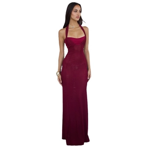 Elegant burgundy halter neck backless bodycon maxi dress with deep V-neck and pleats