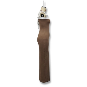 Detail view of brown bodycon dress with white halter neck tie and slim fit cut