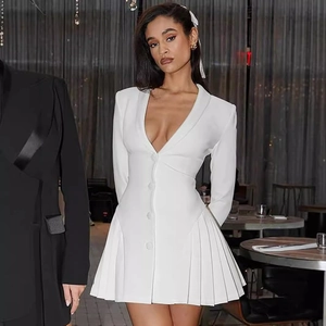 Elegantes Damen Blazerkleid Mit Tiefem V-Ausschnitt Langarm Und Plissiertem Saum Einfarbig Mini Kleid Für Herbst Winter Party