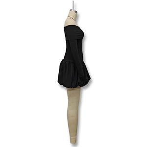 Side view of elegant black off-shoulder long sleeve dress with puff bubble skirt detail
