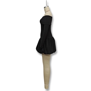 Side view of elegant black off-shoulder long sleeve dress with a flared bubble skirt