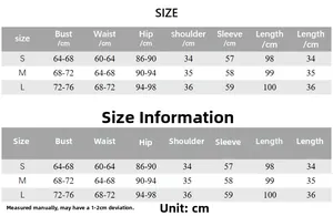 Detailed size chart for women's two-piece set including S, M, L measurements
