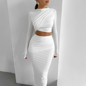 Women Top And Bottom Ruched Polyester Spandex Round Neck Long Sleeve Crop Top Bodycon Maxi Skirt Elegant European Style Party Wear