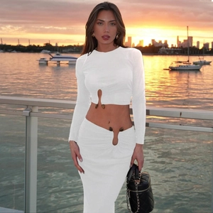 Tenues Femme Sexy Évidé Crop Top à Manches Longues et Jupe Maxi Bodycon Mode Commuter Couleur Unie pour Vacances d'Été