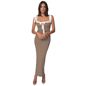 Slim fit khaki bodycon dress with white bow spaghetti straps and knitted fabric