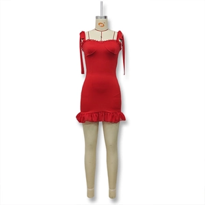Detail of red mini dress showing ruffle neckline and dainty shoulder bow straps