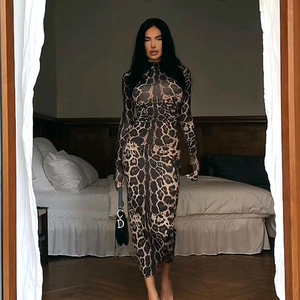 Eng anliegendes langärmeliges Maxikleid mit Leopardenmuster, Rollkragen und Stretch