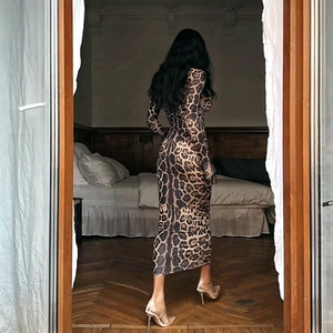 Eng anliegendes Maxi-Kleid mit Leopardenmuster, langen Ärmeln, Stehkragen und Bodycon-Schnitt