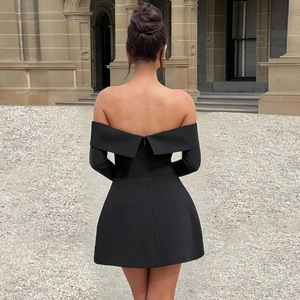 Elegant black off-the-shoulder long sleeve mini A-line dress with structured back detail