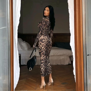 Detailaufnahme des Leopardenmusters auf dem hochelastischen Langarm-Bodycon-Kleid