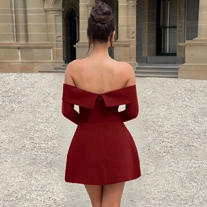Detail of burgundy off-shoulder mini dress with elegant long sleeves and slim A-line fit