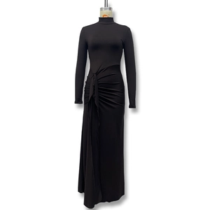 Detail view of high collar dress with side ruching and long decorative drawstring ties