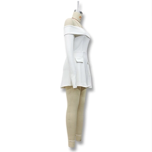 Detailed side view of a white off-shoulder long-sleeve dress with decorative pocket flaps