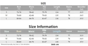 Detailed size chart for long sleeve bodycon dress with bust, waist, and hip measurements