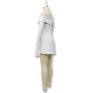 Side view detail of a white off-shoulder slim-fit long sleeve A-line dress on a mannequin