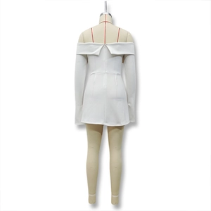 Rear view detail of white off-shoulder mini dress with fold-over neckline and hidden zipper