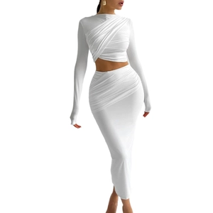 Elegant white ruched long sleeve crop top and high waist maxi skirt two-piece set