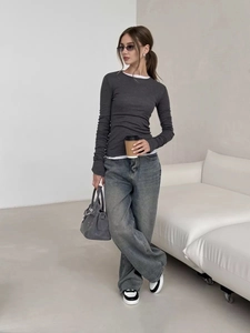 Slim fit dark grey long sleeve t-shirt with mock white neck layering and bell sleeves