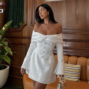 Elegant white off-shoulder long sleeve mini dress in satin finish with button detail