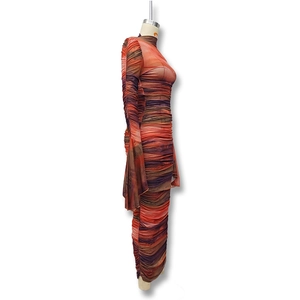 Detail of sheer mesh dress showing ruched fabric texture and gradient earth-tone patterns