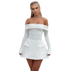 Elegant off-the-shoulder white long sleeve slim fit A-line mini dress with flap pockets
