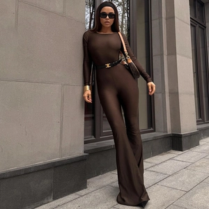 Women Sexy Backless Long Sleeve Jumpsuit Polyester Solid Color Slim Fit Micro Flared Leg Romper Elegant Bodycon Outfit