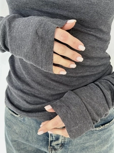 Close-up of slim fit charcoal grey long sleeve knit top showing fabric texture and soft drape