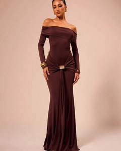 Detail of waist draping with golden buckle on elegant brown off-shoulder dress