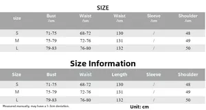 Detailed size chart for sleeveless A-line long dress with S, M, L measurements in cm