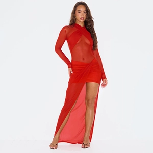 Sexy red mesh long sleeve bodysuit and high slit wrap skirt set for women