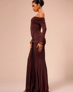Detail of elegant chocolate brown off-shoulder dress with side waist draping and pleats