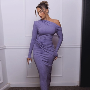 Detail of purple sequin dress with one-shoulder design and ruched waist for party