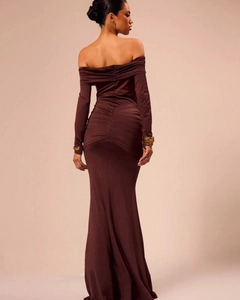 Detail of elegant brown off-shoulder dress with ruched back and slimming fishtail design