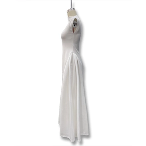 Detail view of white high-neck sleeveless maxi dress with side pleats and elegant draping