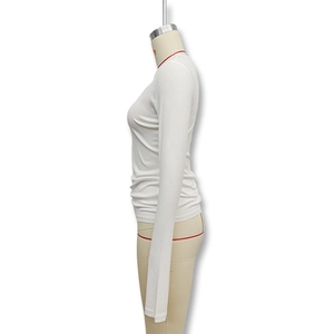 Side view detail of a white slim-fit long-sleeve T-shirt with a classic round neck design