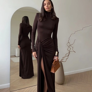 Women Sexy Mock Neck Long Sleeve High Slit Ruched Bodycon Maxi Dress Elegant Patchwork Party Evening Clubwear Long Dress