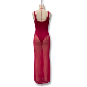 Detail of red mesh patchwork dress featuring a sexy backless U-shape bodysuit design