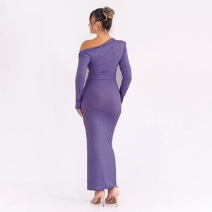 Detailed back view of dark purple glitter long dress with elegant ruching and maxi fit