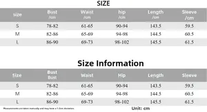 Detailed size chart with measurements for body-con off-shoulder long sleeve dress