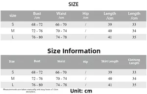 Detailed size chart for the backless tank top and skirt set in sizes S, M, and L