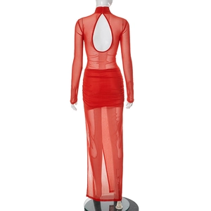 Detail of red mesh bodycon dress featuring keyhole back and elegant ruching texture