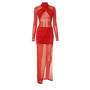 Detail of red mesh dress with crossover neckline, sheer fabric and thigh-high split
