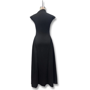 Detail of the elegant black sleeveless maxi dress with a stand collar and A-line silhouette